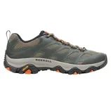 Merrell hiking shoe with green and tan mesh upper, black and orange accents, and a Vibram sole for enhanced grip.