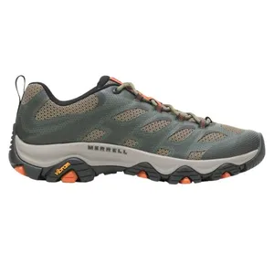 Merrell hiking shoe with green and tan mesh upper, black and orange accents, and a Vibram sole for enhanced grip.