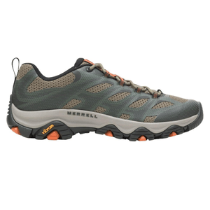 Merrell hiking shoe with green and tan mesh upper, black and orange accents, and a Vibram sole for enhanced grip.