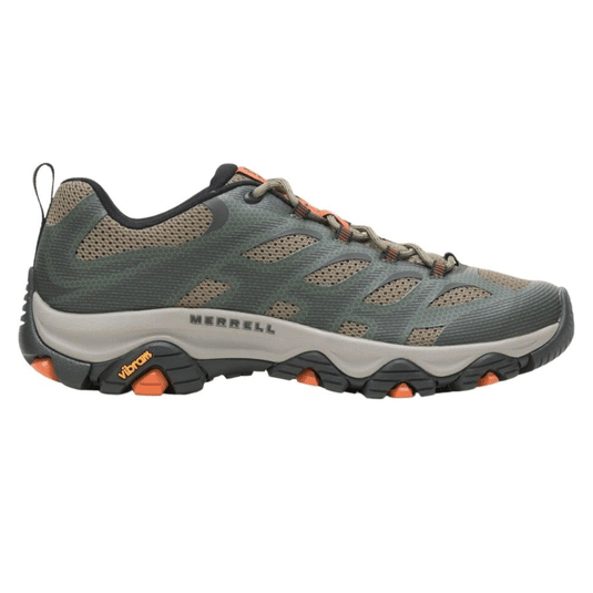 Merrell hiking shoe with green and tan mesh upper, black and orange accents, and a Vibram sole for enhanced grip.