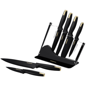 A set of black kitchen knives with gold accents in a clear stand, featuring various sizes and types including serrated and straight-edged blades.