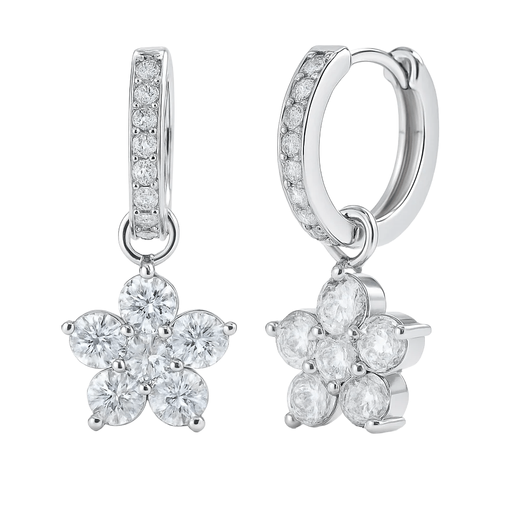 Silver hoop earrings with round diamond detailing and flower-shaped diamond clusters hanging as pendants.