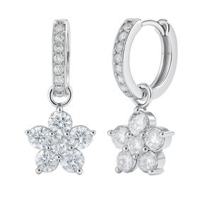 Silver hoop earrings with round diamond detailing and flower-shaped diamond clusters hanging as pendants.