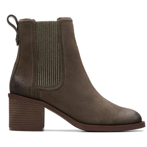 Brown ankle boot with a mid-height stacked heel, pull-tab, and elastic side panel for easy slip-on.