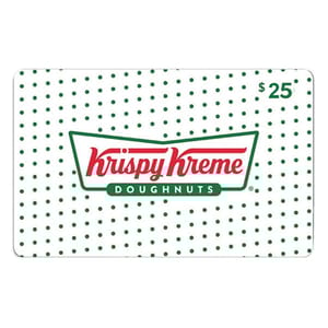 Krispy Kreme gift card with a balance of $25, featuring their logo in red and green on a polka dot background.