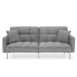 Gray convertible linen futon with quilted patterns, steel legs, and two matching cushions. The futon features a split backrest that adjusts from upright to reclined or flat.