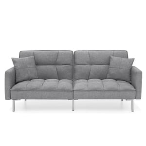 Gray convertible linen futon with quilted patterns, steel legs, and two matching cushions. The futon features a split backrest that adjusts from upright to reclined or flat.