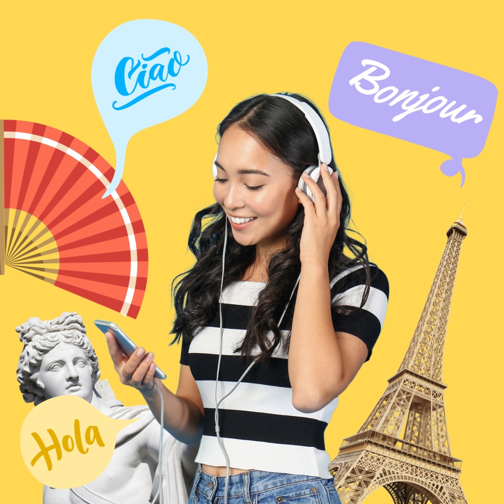 A person wearing headphones holds a smartphone, surrounded by icons of global culture: a hand fan, a sculpture, and the Eiffel Tower, with speech bubbles saying \“Ciao,\“ \“Bonjour,\“ and \“Hola.\“