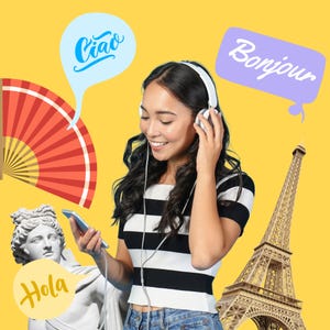 A person wearing headphones holds a smartphone, surrounded by icons of global culture: a hand fan, a sculpture, and the Eiffel Tower, with speech bubbles saying \“Ciao,\“ \“Bonjour,\“ and \“Hola.\“