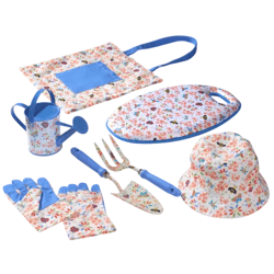 Floral-patterned gardening set including a tote bag, watering can, kneeling pad, gloves, trowel, fork, and hat, all featuring blue accents.