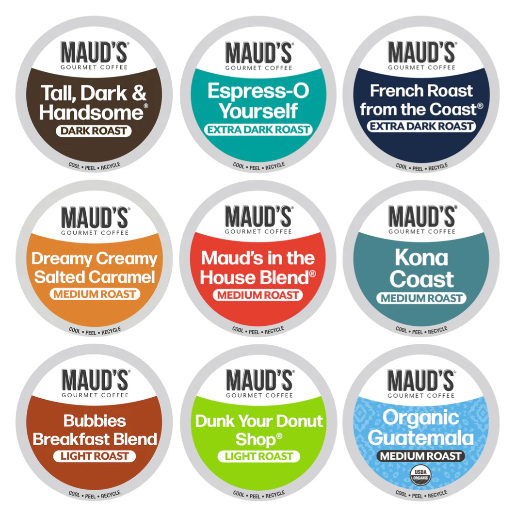 Maud's Gourmet Coffee features nine varieties, including Tall, Dark & Handsome (Dark Roast), Espress-O Yourself (Extra Dark), and Kona Coast (Medium), among others. Options range from Extra Dark to Light Roast, with flavors like Salted Caramel and Organic Guatemala.