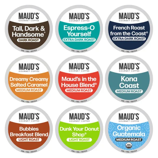Maud's Gourmet Coffee features nine varieties, including Tall, Dark & Handsome (Dark Roast), Espress-O Yourself (Extra Dark), and Kona Coast (Medium), among others. Options range from Extra Dark to Light Roast, with flavors like Salted Caramel and Organic Guatemala.