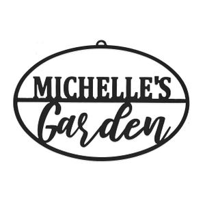 Oval metal garden sign with the text \“Michelle's Garden\“ in a combination of bold and script fonts.