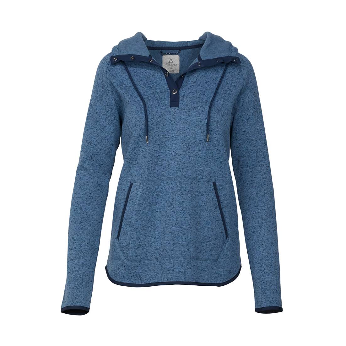Blue heathered hoodie with buttons and front pockets.
