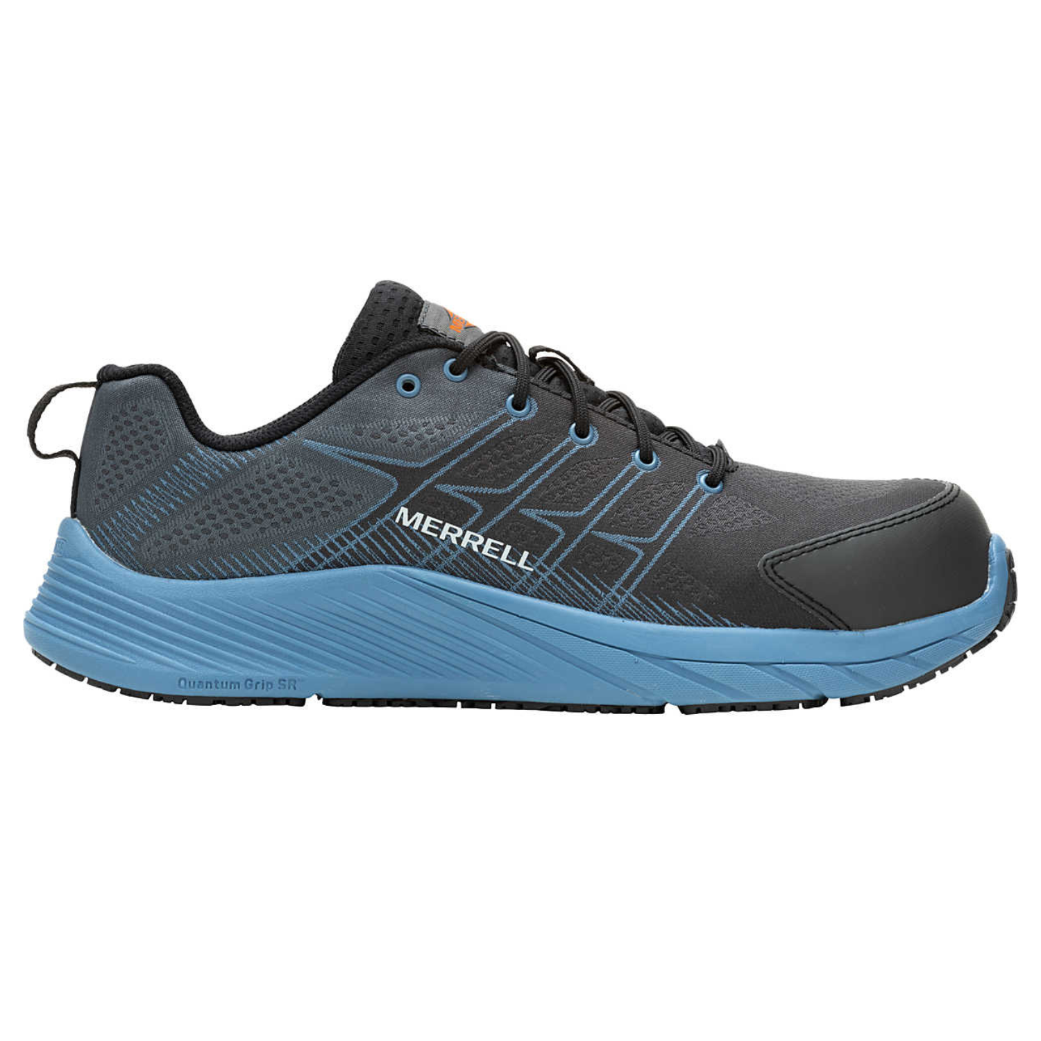 These are Merrell Wide-Width Moab Flight shoes, featuring a dark grey upper with blue soles and white Merrell branding on the side.