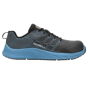 These are Merrell Wide-Width Moab Flight shoes, featuring a dark grey upper with blue soles and white Merrell branding on the side.