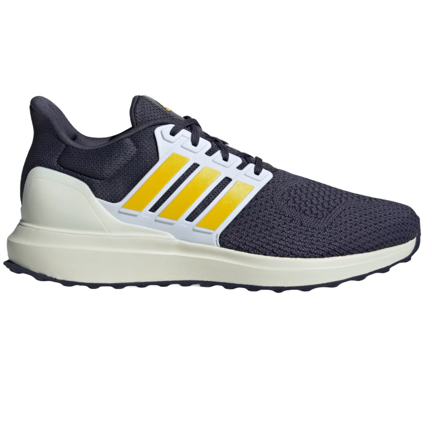 A pair of dark navy Adidas running shoes with white soles and yellow stripes on the side.