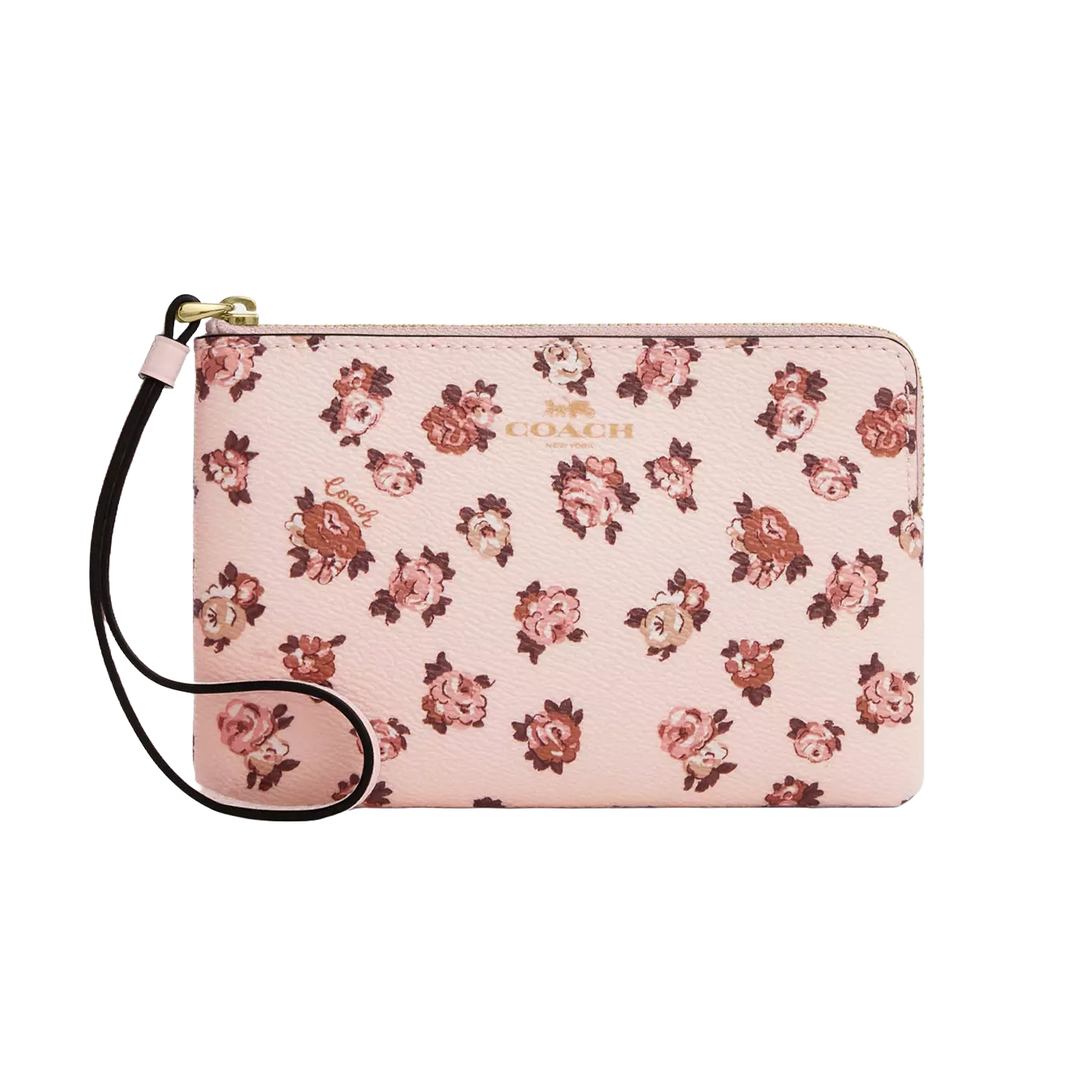 A small pink leather wristlet with a zip closure and detachable strap, featuring a rosette print and the Coach logo in gold.