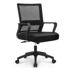 A black ergonomic mid-back office chair with a mesh backrest, padded seat, and armrests, featuring a swivel base with five caster wheels and an adjustable height lever.