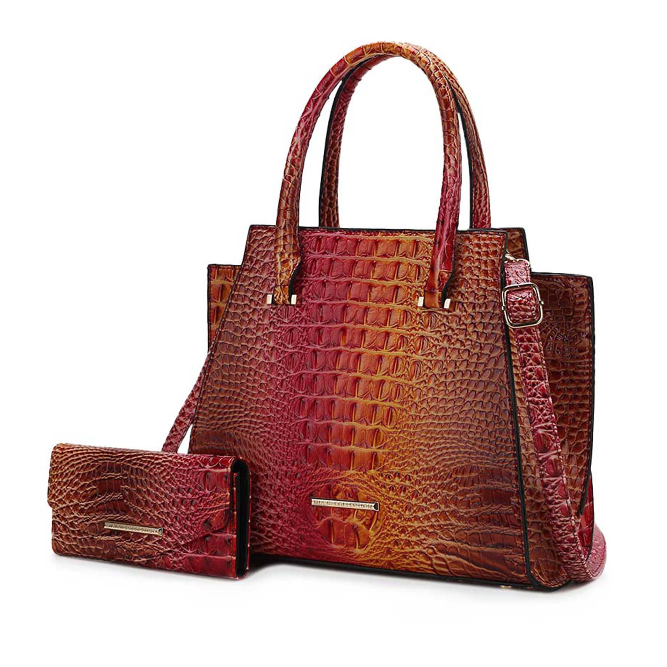 A red and orange textured handbag with a matching wallet, featuring a crocodile pattern and a shoulder strap with a buckle.