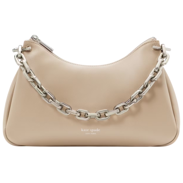 The Kate Spade chain shoulder bag features a soft beige leather body with a silver chain strap and zipper closure, elegantly embossed with the brand's logo.