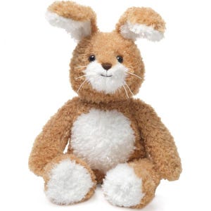 Brown and white plush bunny with floppy ears and a round, fluffy tail.