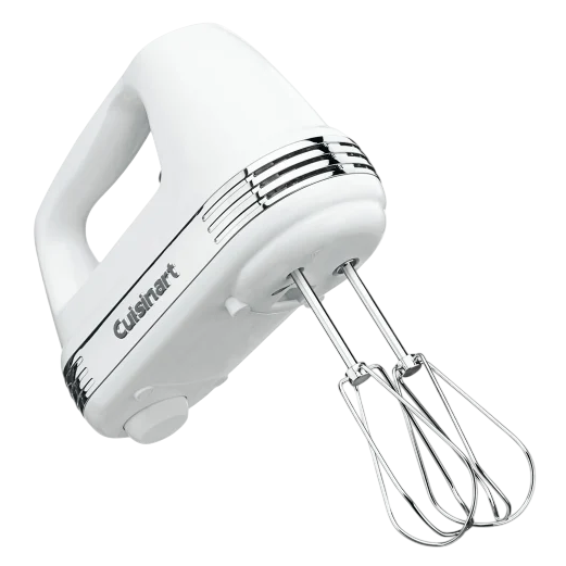 A white Cuisinart hand mixer with chrome accents, equipped with two stainless steel beaters.