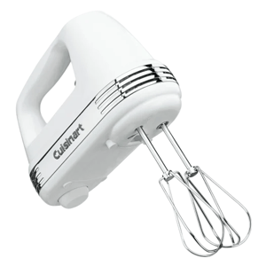 A white Cuisinart hand mixer with chrome accents, equipped with two stainless steel beaters.