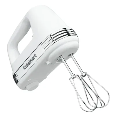 A white Cuisinart hand mixer with chrome accents, equipped with two stainless steel beaters.
