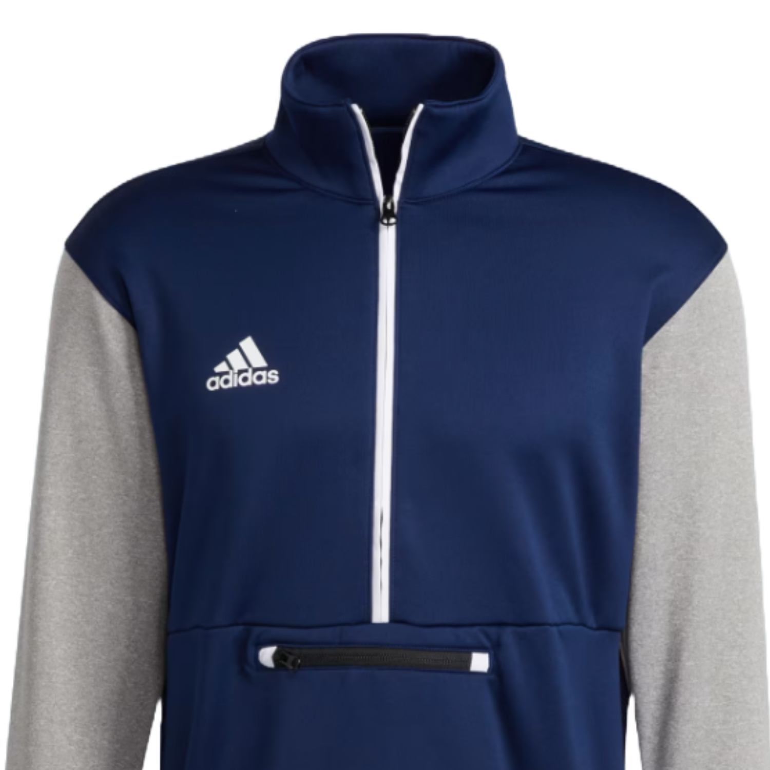 Navy blue half-zip sweatshirt with light gray shoulder panels, a white Adidas logo on the left chest, and a horizontal front zip pocket.