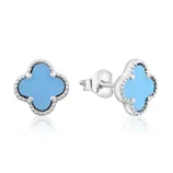 Silver stud earrings with a clover shape, featuring a blue inlay and decorative bead edging.