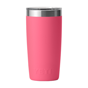 Pink insulated tumbler with a stainless steel rim and clear lid, featuring the brand name \“YETI\“ embossed near the base.
