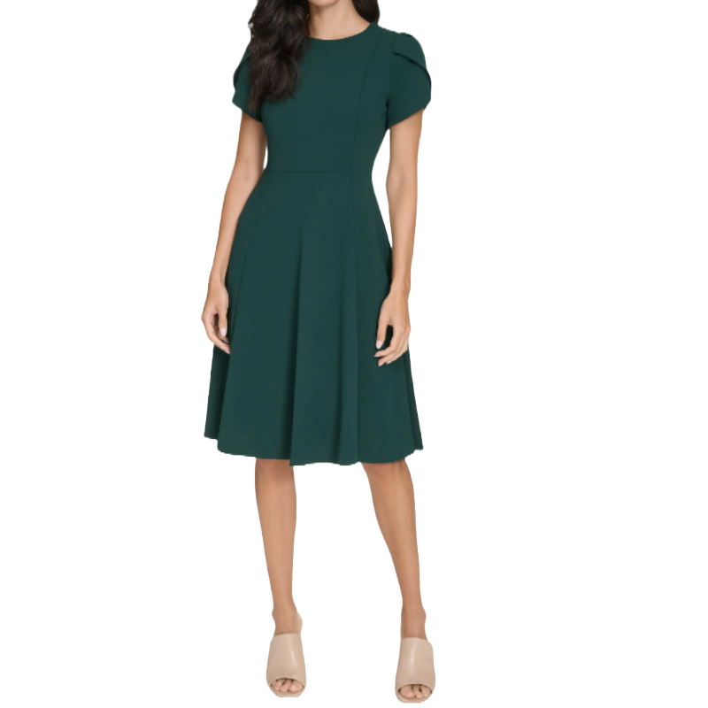 A knee-length, forest green dress with short sleeves, a fitted waist, and a flared skirt, paired with beige open-toe heels.