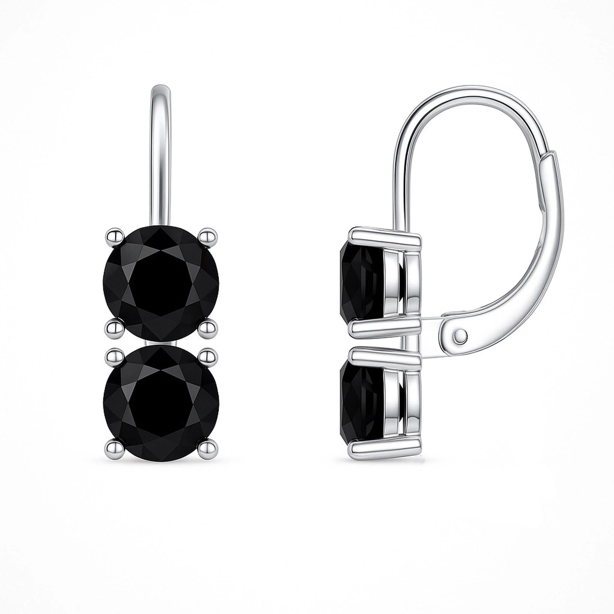 Silver drop earrings featuring two vertically aligned round black stones, set in a classic prong setting with lever-back clasps.
