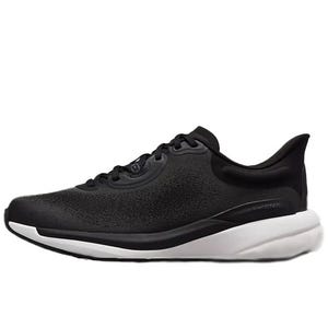 A black and white athletic shoe with a sleek design and cushioned sole.