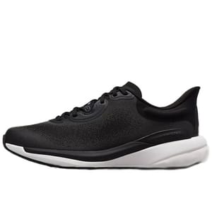 A black and white athletic shoe with a sleek design and cushioned sole.
