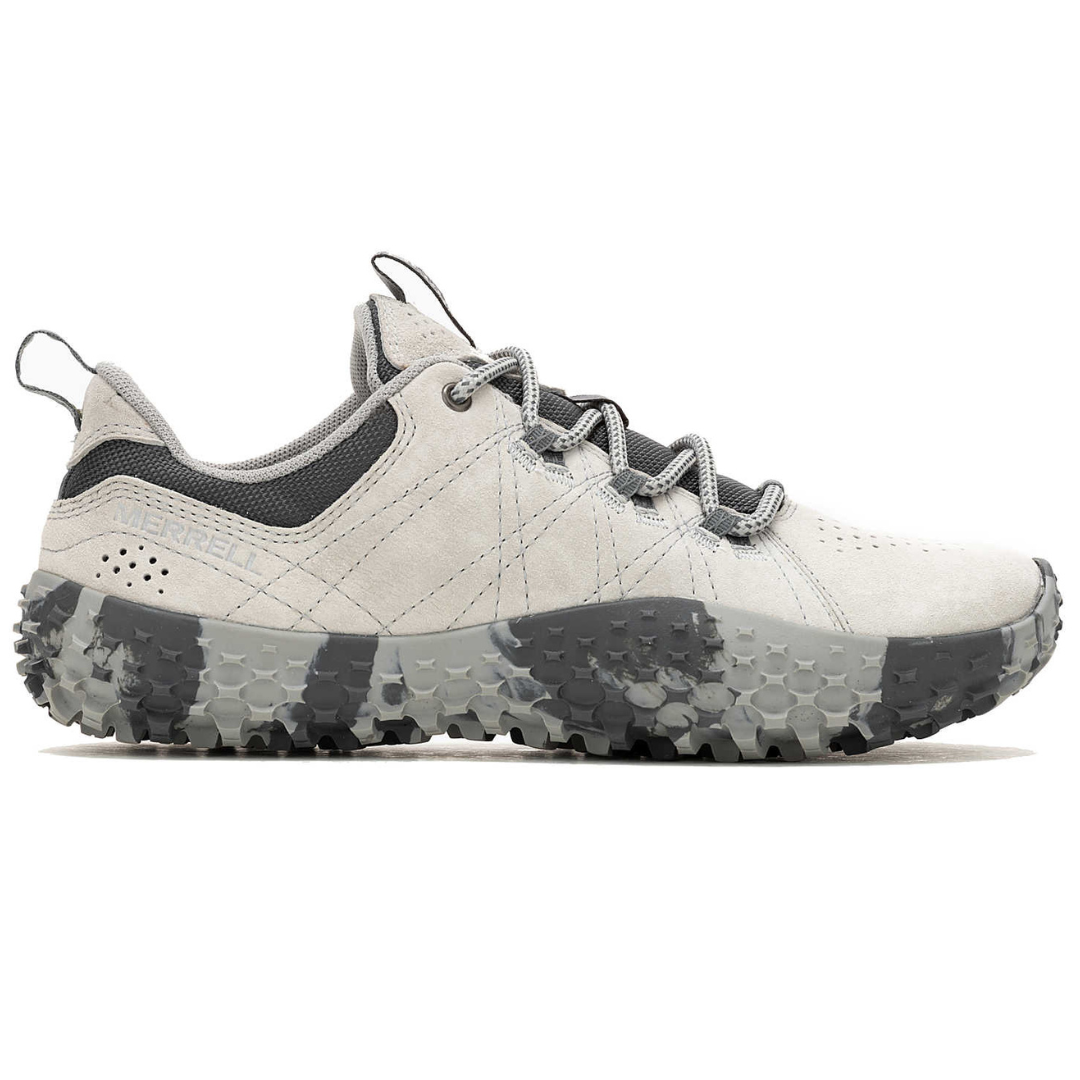 Merrell hiking shoe in light gray with black accents, featuring a rugged, textured sole for traction and durability.