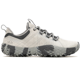 Merrell hiking shoe in light gray with black accents, featuring a rugged, textured sole for traction and durability.