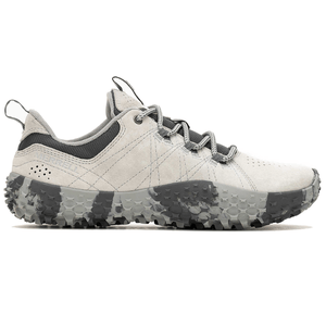 Merrell hiking shoe in light gray with black accents, featuring a rugged, textured sole for traction and durability.