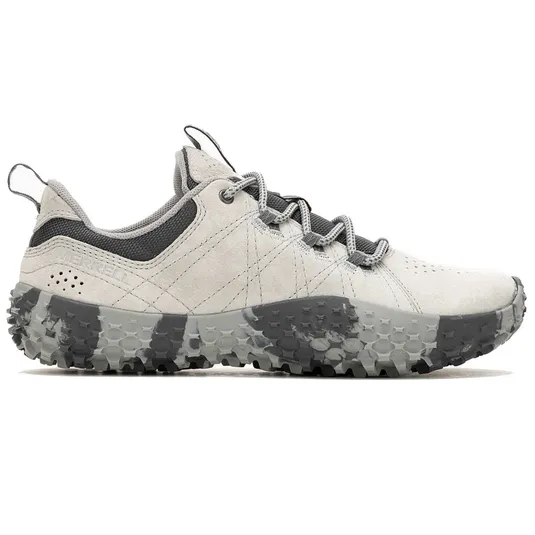 Merrell hiking shoe in light gray with black accents, featuring a rugged, textured sole for traction and durability.