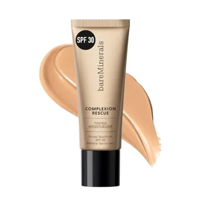 bareMinerals Complexion Rescue Tinted Moisturizer with SPF 30 blends skincare and makeup, providing hydration and sun protection.
