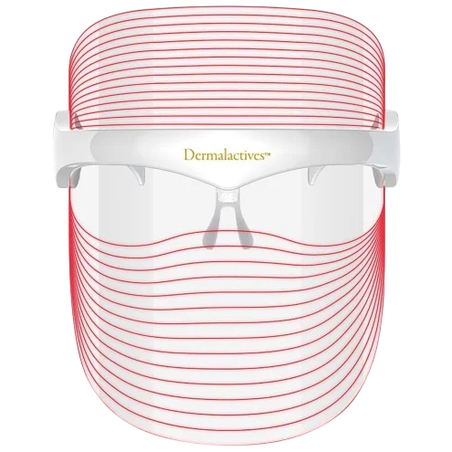 LED facial mask by Dermalactives with red light therapy lines, designed for skincare treatments.
