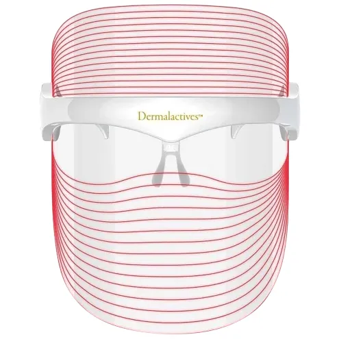 LED facial mask by Dermalactives with red light therapy lines, designed for skincare treatments.