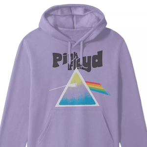 Purple hoodie featuring the iconic Pink Floyd design, with a prism and rainbow graphic.