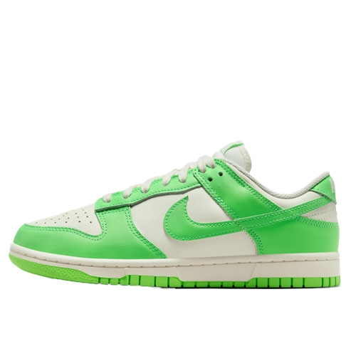 Nike Dunk Low sneakers with a white base and vibrant green overlays, featuring a green swoosh and matching green accents on the outsole and back.