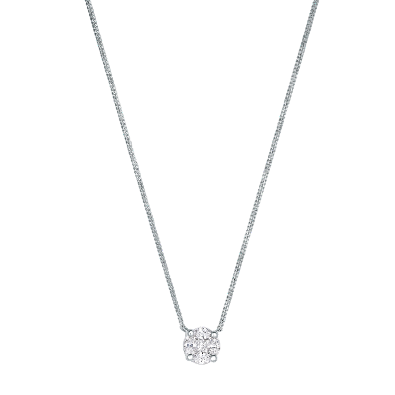 A simple chain necklace featuring a single round, multi-stone diamond pendant set in a four-prong mounting.