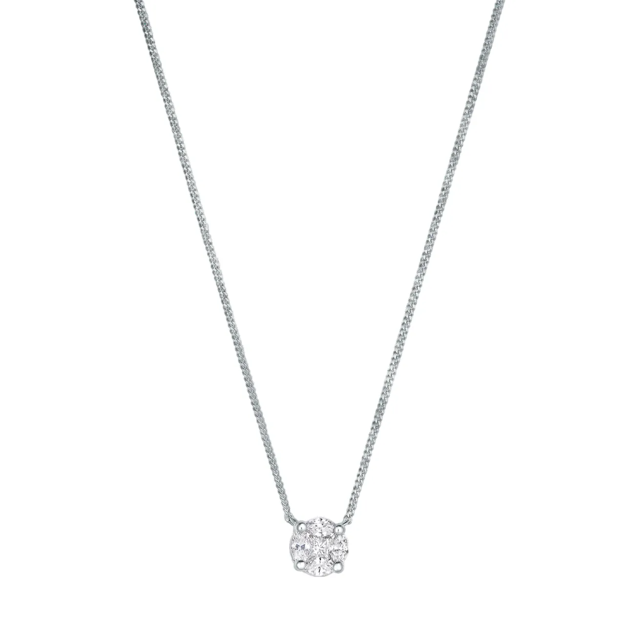 A simple chain necklace featuring a single round, multi-stone diamond pendant set in a four-prong mounting.