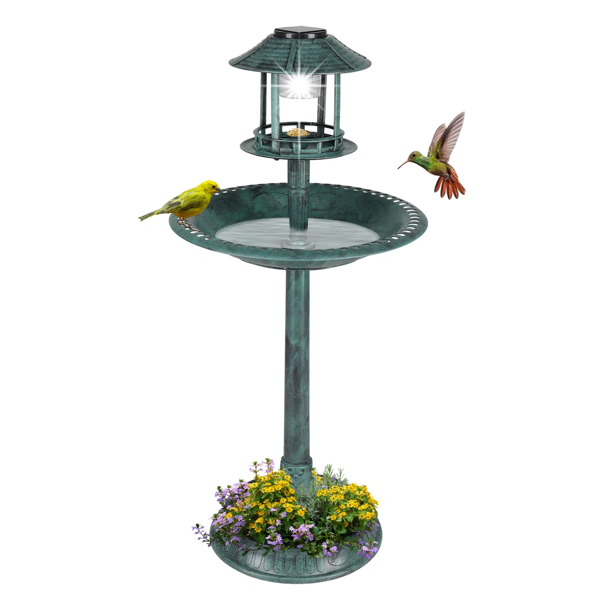A birdbath with a solar-powered lantern, featuring a tiered design with a water dish and bird feeder. It has decorative flowers at the base and is shown attracting birds.