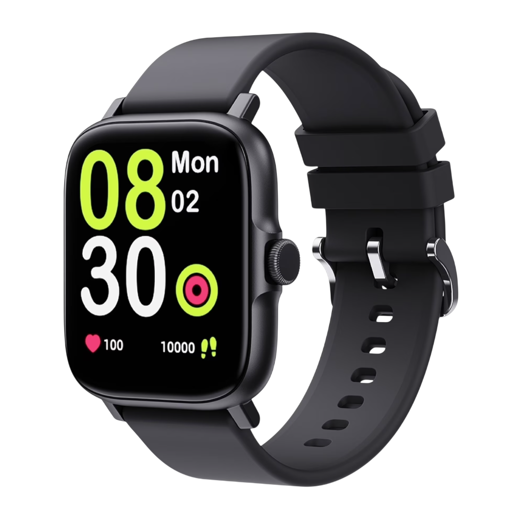 A smartwatch with a black band displays the time (08:30), day (Monday), date (02), heart rate (100 bpm), and steps (10,000).