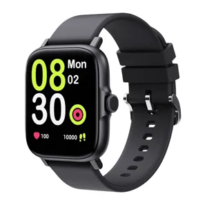 A smartwatch with a black band displays the time (08:30), day (Monday), date (02), heart rate (100 bpm), and steps (10,000).